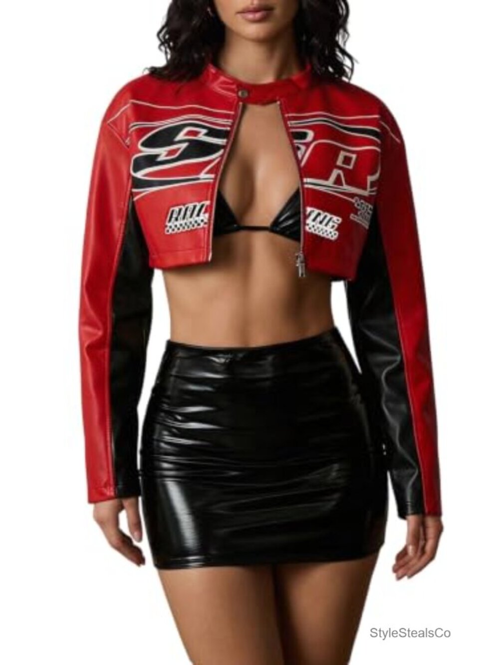 Faux Leather Cropped Motorcycle Jacket Letter Print Zip Moto Biker Womens